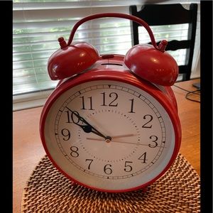 Pottery Barn Red round metal clock w/alarm bell -retro or old timey look to it
